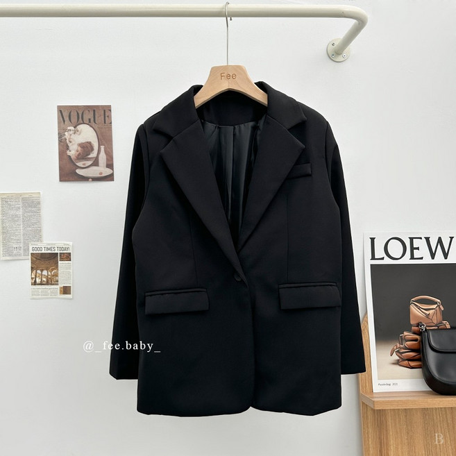 單釦雙口袋西裝外套 含墊肩 簡約翻領長袖外套 長版外套 排釦外套 休閒外套 秋冬女裝