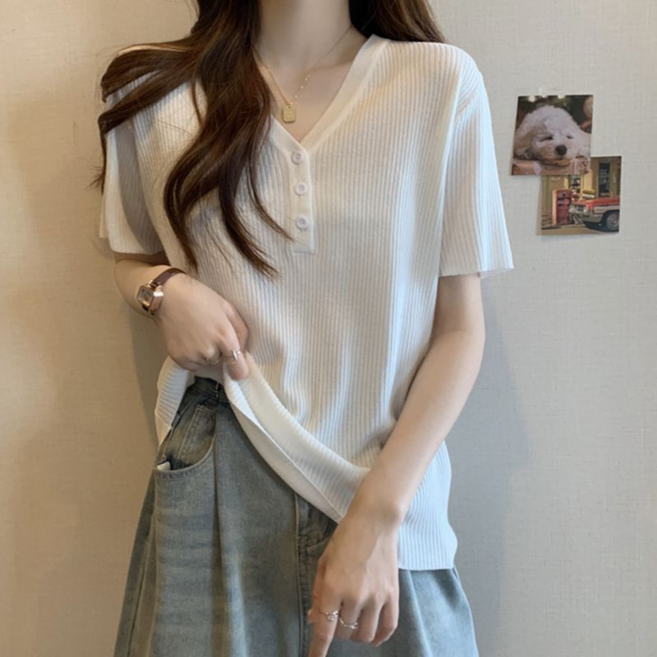 大碼女裝 冰絲短袖拉鍊上衣 韓版夏季顯瘦仿針織衫