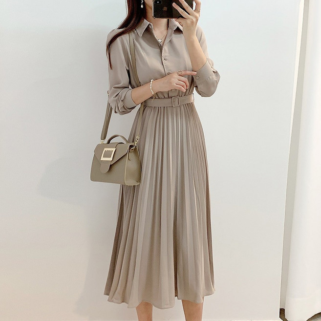 韓國chic春裝襯衫連衣裙 單排扣翻領收腰顯瘦 大尺碼百褶中長款洋裝女, 杏色,L（建議56-65公斤）