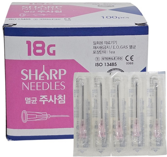 용창 멸균 주사침 18G x 38mm 100개입 EO멸균 일회용주사바늘, 1박스