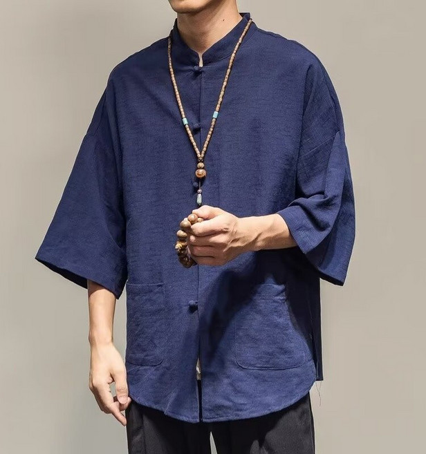 男士棉麻中山領七分袖上衣