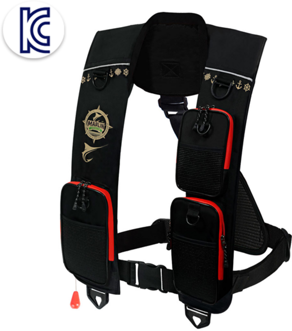 블랙마린 3포켓 바다 선상 배 낚시 안전 3초 자동 팽창식 구명 조끼 라이프가드 KC인증, 블랙화이트