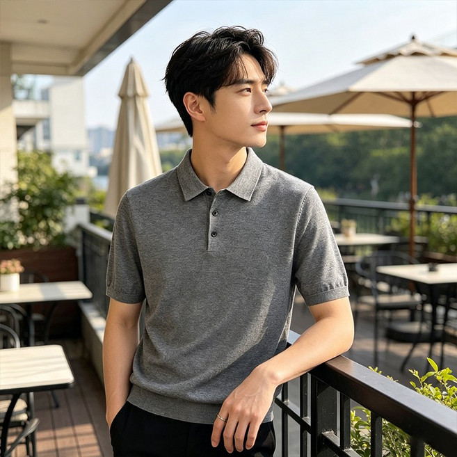 본스타일 남성 여름 카라 울 혼방 니트 반팔티 티셔츠 베이직