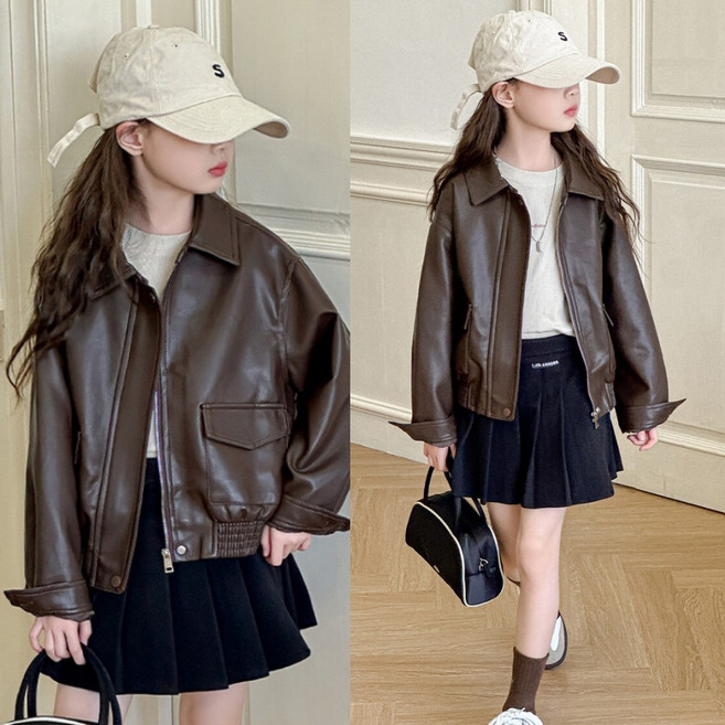 삐삐네옷가게 여아용 키즈 멋쟁이 브라운 레더 자켓