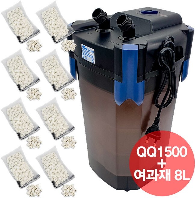 QQ아쿠아 외부여과기 QQ1500 BC1500 + 여과재 8리터 풀세트, 1개, 16W