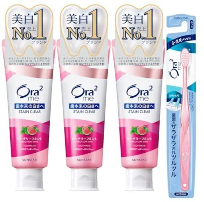Ora2 Me 스테인 클리어 민트 복숭아 (130 g) x 3 팩 + 칫솔, 복숭아 잎 민트 - 쿠팡