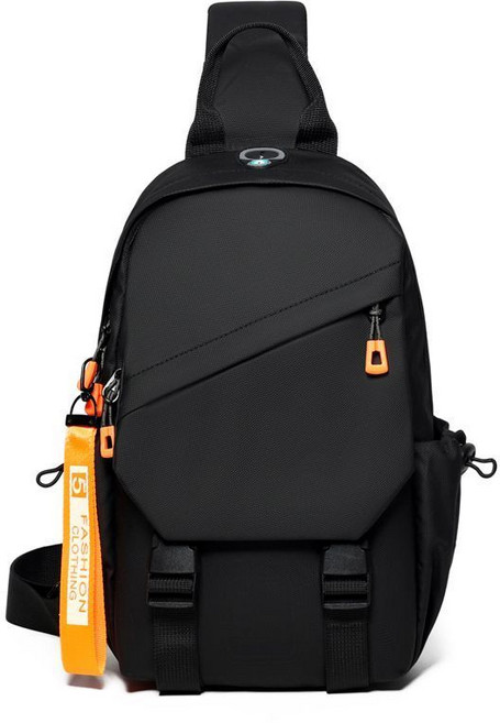 大容量新款男士單肩休閒斜挎包潮流時尚防水多功能, 黑色加掛件