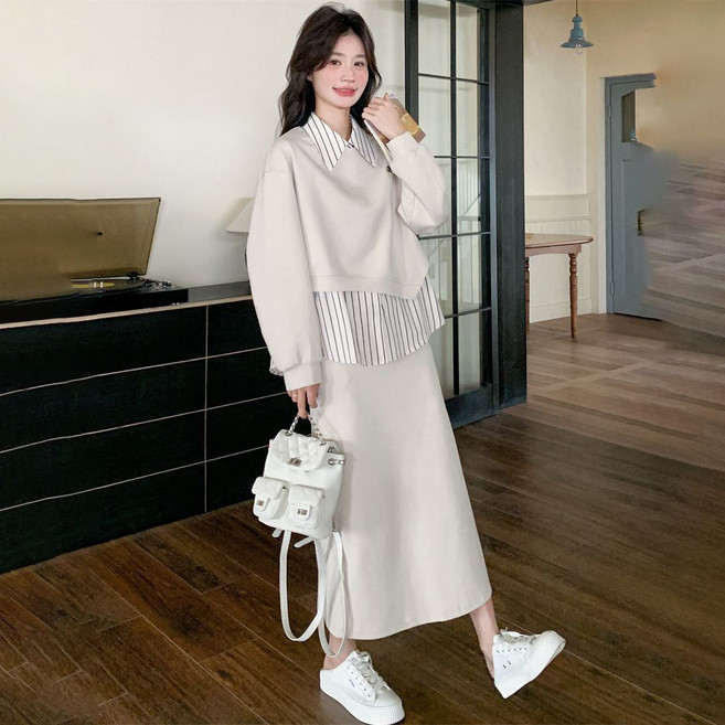 웨일쓰 여성 카라넥 가을 오버핏 레이어드 후드셔츠+원피스 투피스 여성 빅사이즈 트렌드 치마세트