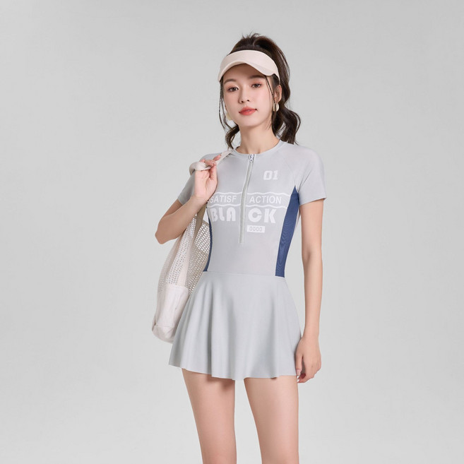 新款高級感速干連體泳衣女長袖拉鍊裙式泳裝運動款透氣顯瘦游泳衣