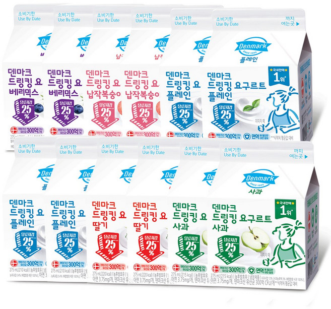 덴마크 드링킹요구르트 6종 275mLx12팩(6종류별x2팩) 냉장무배, 1세트, 275ml, 12개
