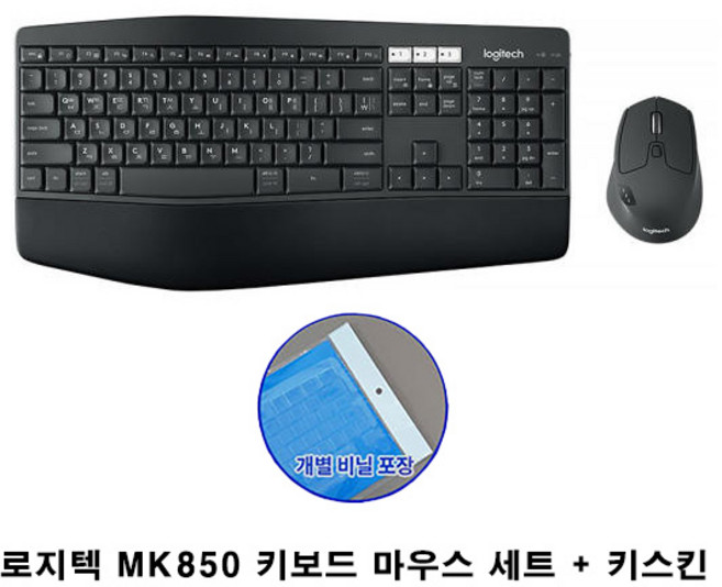 로지텍 블루투스 멀티 무선 키보드 마우스 세트 MK850, MK850+전용키스킨, 블랙, 일반형