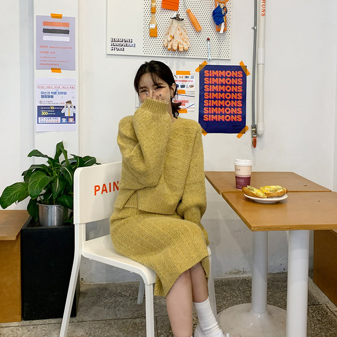 가을 겨울 여성 옐리니 가오리 벤딩 니트 롱 스커트 투피스세트