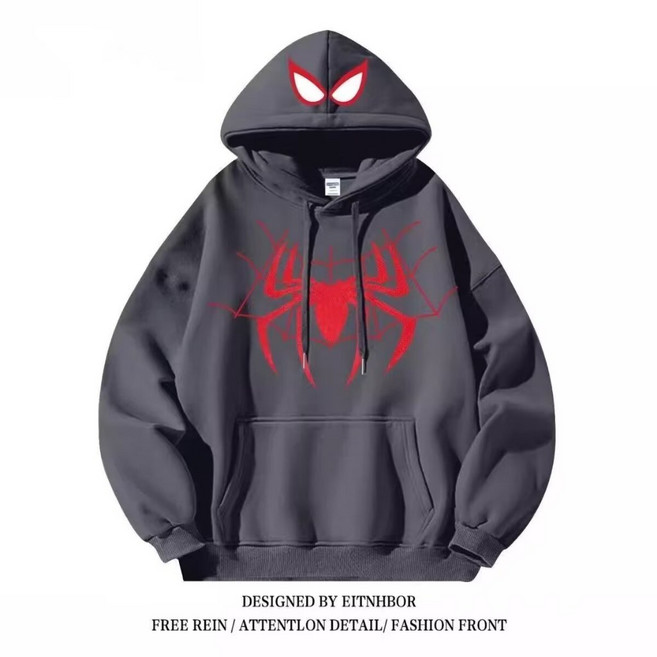 美式高街風复古帽T 蜘蛛設計感印花連帽衫 秋冬季刷毛帽踢 情侶帽t男女 嘻哈上衣