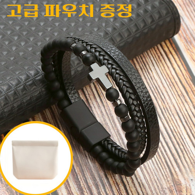 [아임봄] 유럽 스타일의 천연석 소원성취 호안석 남자 팔찌 흑요석 화산석 원소 스타일의 미니멀 십자가 가죽 패션 팔찌