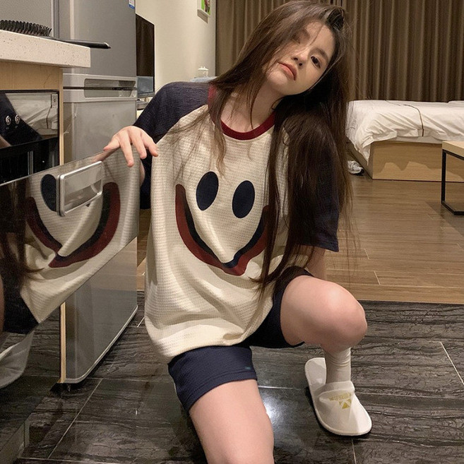 華夫格撞色笑臉短袖短褲睡衣套裝 少女學生居家服