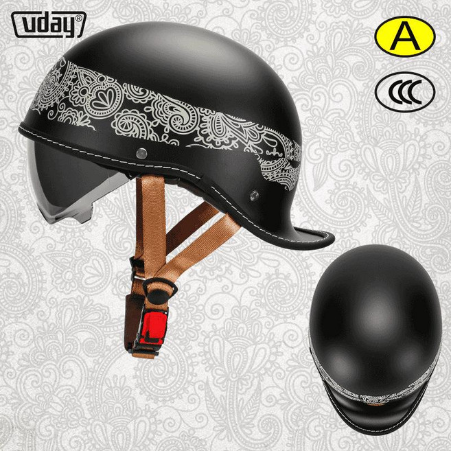 uday 復古摩托車半盔 安全帽, 磨砂黑飄帶