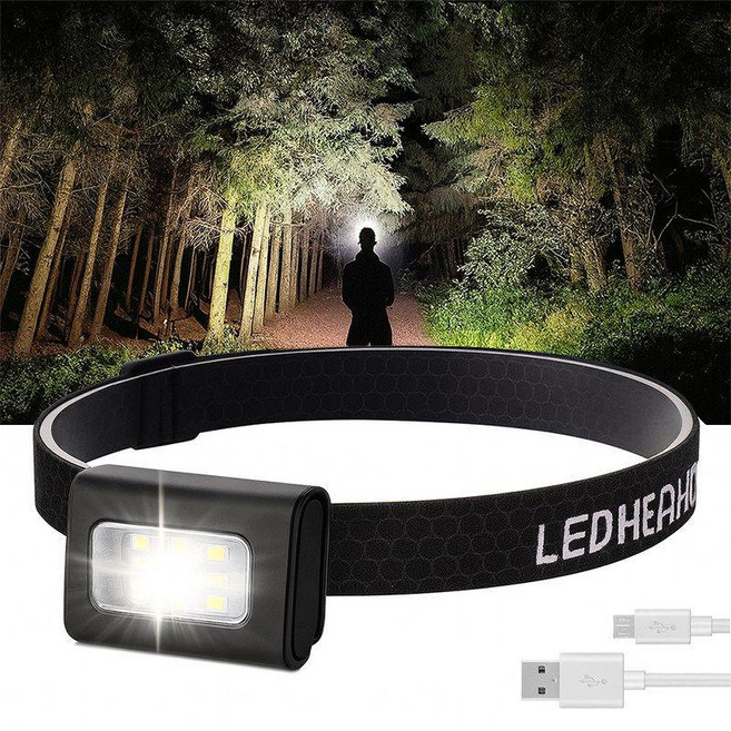 Keebright USB LED 충전식 헤드랜턴 생활방수 C타입 충전 강자성 흡착 야간 산책 라이딩 러닝, 1개, 블랙
