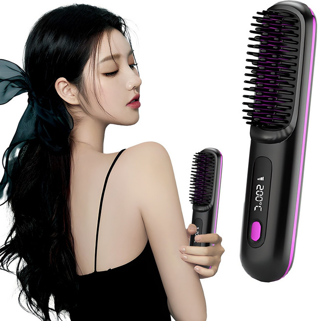 Routop 휴대용 무선 빗 고데기 매직기 음이온 3단 온도조절 속열 충전식, 블랙