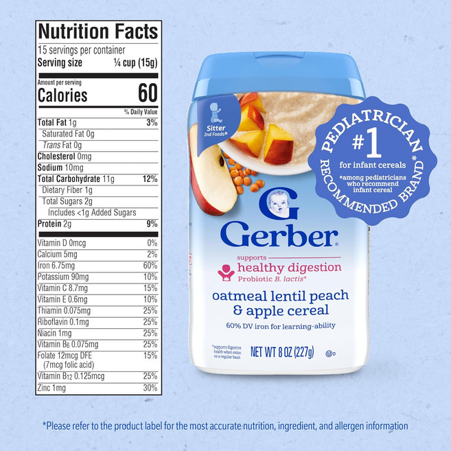 거버 Gerber 프로바이오틱 오트밀 시리얼 복숭아 사과 227g(8oz) GBR-07009, 1개, 227g