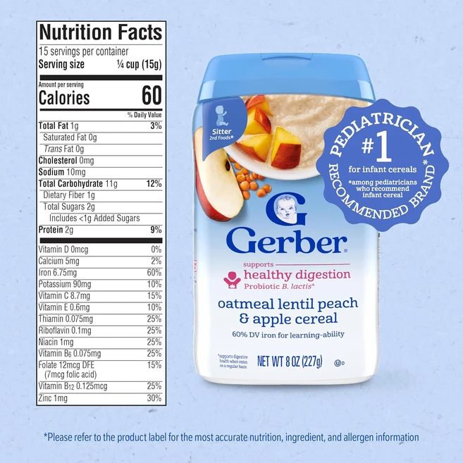 거버 시리얼 포 베이비 아기 오트밀 파워블렌드 프로바이오틱 철분 피치 애플 227g 2팩, 2개 - 쿠팡