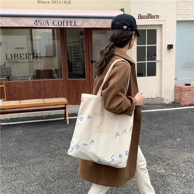 뷰티앤몬스터 hello hello 자수 스마일 캔버스 에코백