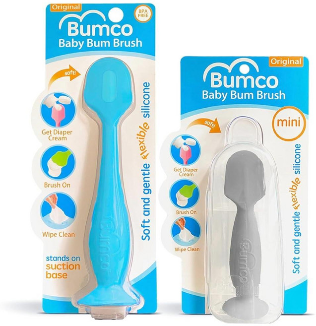 Bumco 미니 아기 기저귀 크림 주걱 케이스 포함 - BPA 프리 실리콘 흡착 컵 포함 닦아서 세척한 범프 브러시 엄마가 발명한 엉덩이 페이스트 어플리케이터 (블루) 3, Full & Mini (Blue + Gray)