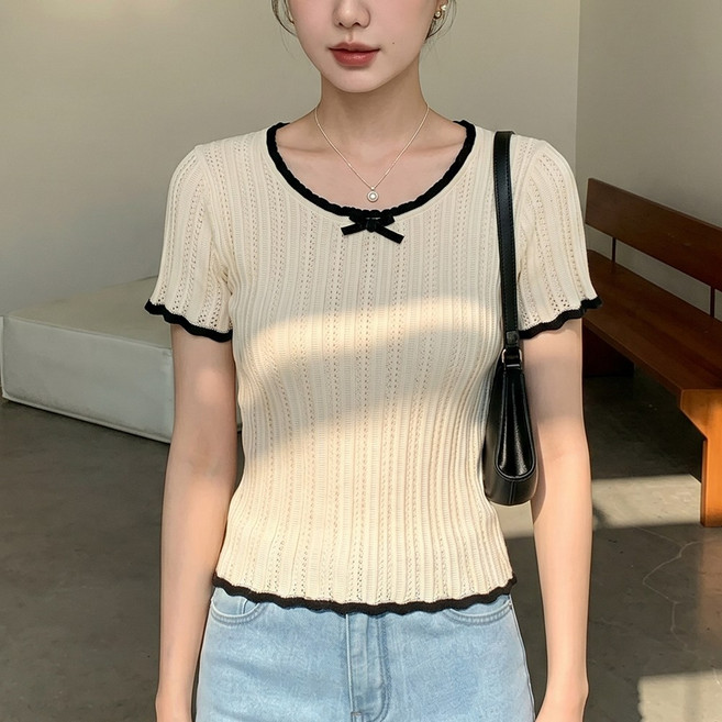 SOSISI 반팔 니트 여름 U넥 리본 이너티 풀오버 46092