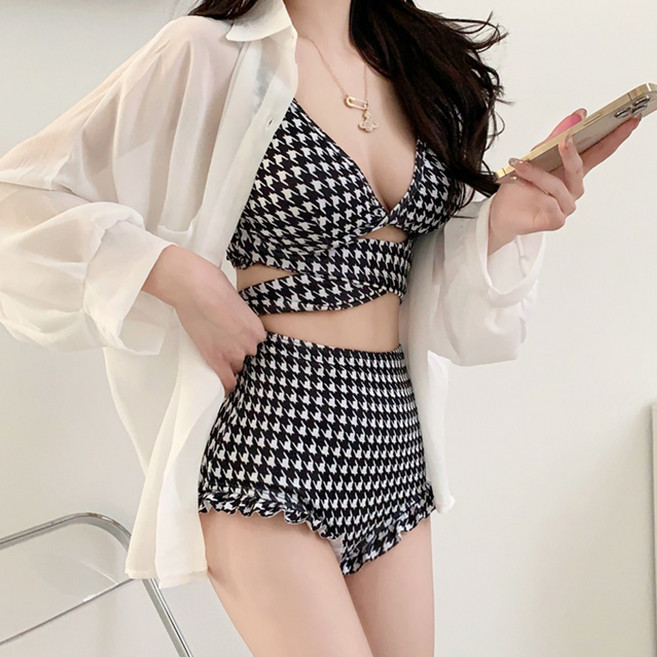 이너소울 투피스 수영복 하운드체크 스트랩 + 커버셔츠, 체크패턴