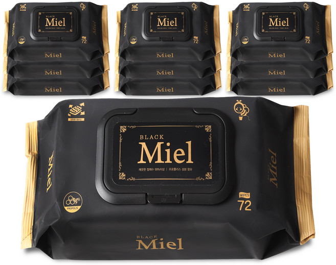 미엘 가장 도톰한 양방향엠보싱 아기 물티슈 블랙 72매 캡형 10팩 65g, 72