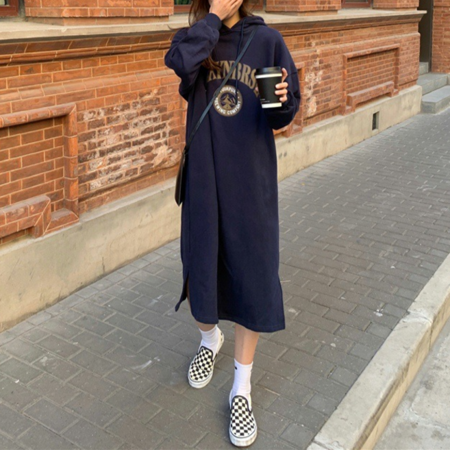 에쉬울프 여성용 기모 오버핏 레터링 포인트 후드 롱원피스 캐주얼 마실룩 홈웨어룩