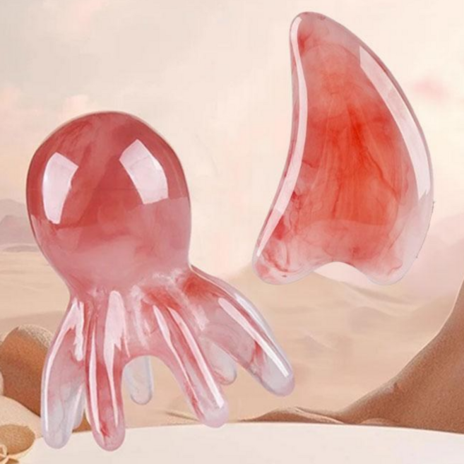 조아홈 문어 괄사 마사지 세트 얼굴 하트 두피 마사지 1세트, 레드, 2개