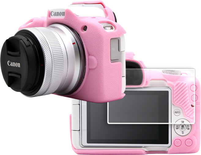 CANON EOS R50 카메라 하우징 범퍼 케이스 + 액정 방탄유리 필름, 핑크