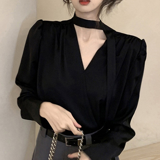 cammello 클래식 새틴 브이넥 초커타이 긴팔 블라우스 셔츠 오피스룩 하객룩