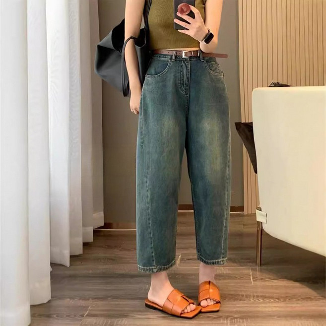 SAHINER 여성 데님 와이드 9부 팬츠 데일리 캐주얼 봄여름 ANZ112