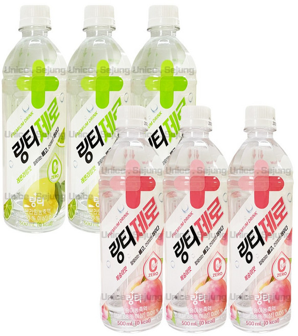 링티제로 500ml 2종 혼합 ( 복숭아 3개 + 레몬라임 3개 ) / 마시는 링티 제로칼로리, 1세트
