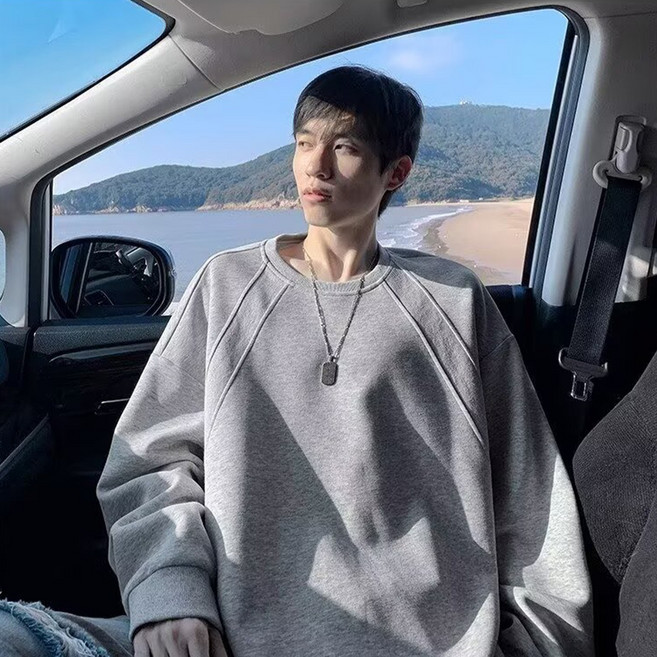 ANYOU 남성 맨투맨 스웨트셔츠 오버핏 레이글루브 소매 시보리 마감 베이직 긴팔 이너 캐주얼 상의