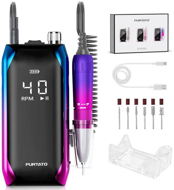 퍼타토 프로페셔널 네일 드릴 40 000 RPM 충전식 LCD 디스플레이 E 파일 머신 아크릴 젤 연마 매니큐어 살롱 및 가정용 휴대용 도구 제거 (실버), Blue&purple