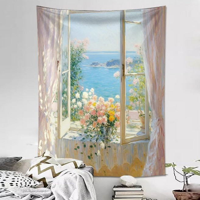 臥室背景布 印象派油畫豎版掛布 房間裝飾遮醜布 床頭裝飾布, 印象派 豎版04,高2米寬1.5米送安裝包