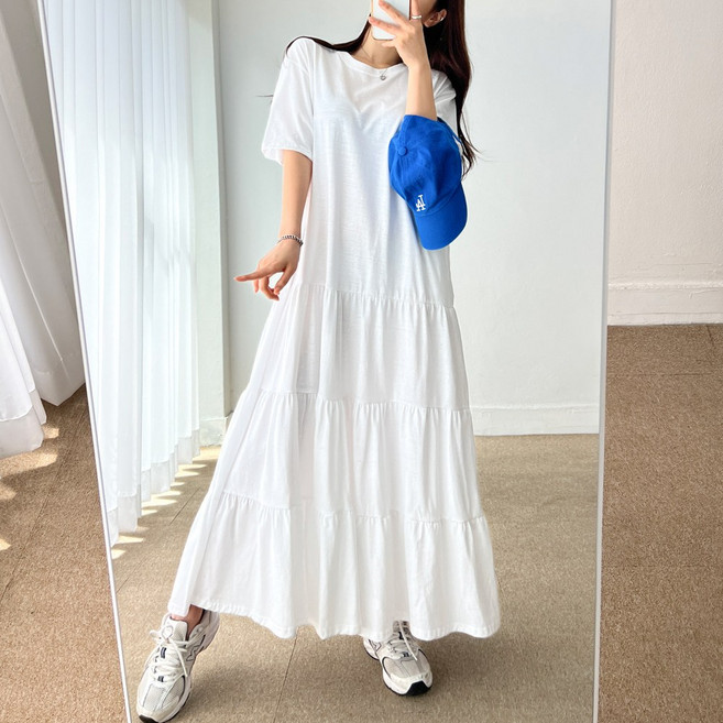 (무배 빅사이즈가능) 반팔 캉캉 썸머 러블리 오버핏 라운드넥 티어드 롱 원피스 3color