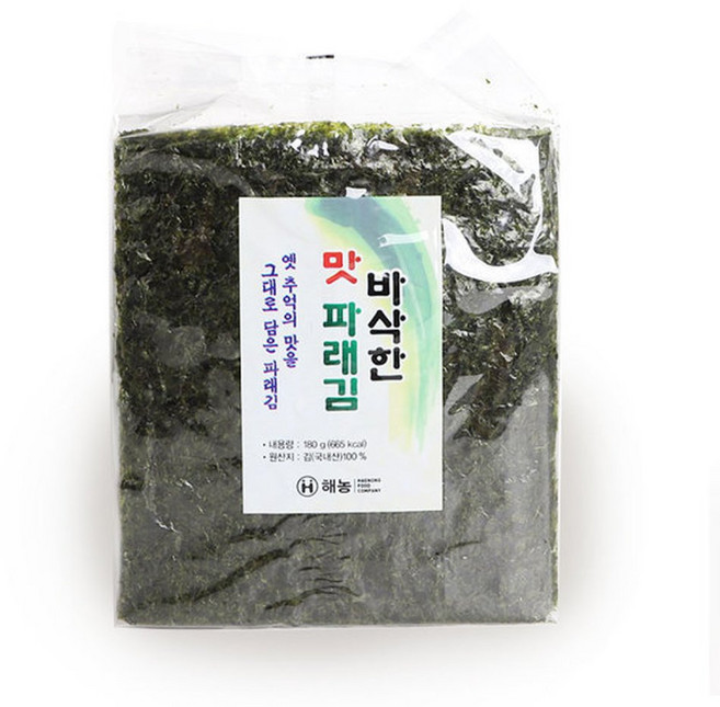 해농 맛 파래김 180g(100매)/ 무조미 바삭한 구운김 밥반찬, 1.8g, 1개