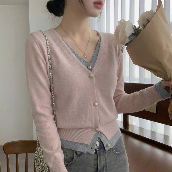 SOSISI 여성 가디건 브이넥 리얼 레이어드 배색 기본 니트 10043