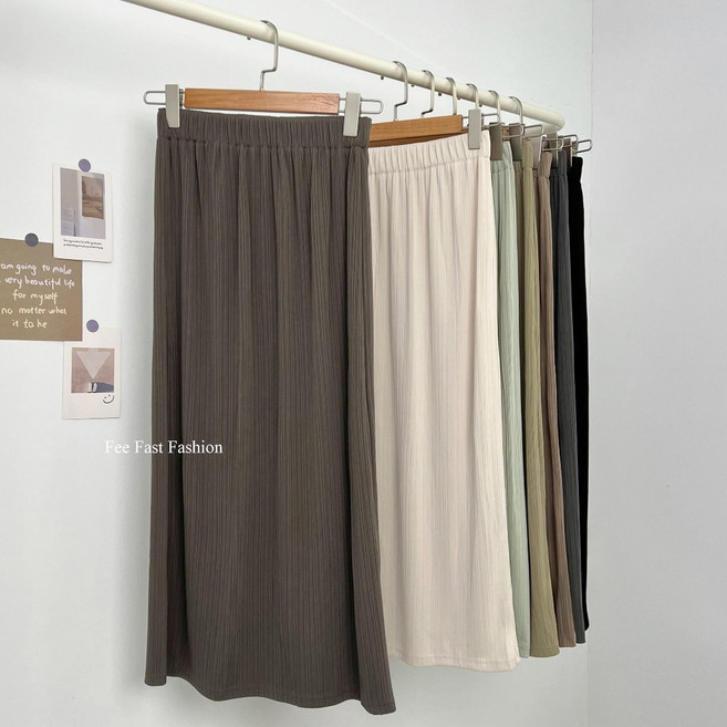 Fee Fast Fashion 涼感細坑條開岔長裙，垂墜感，軟料，彈性腰圍，側開岔