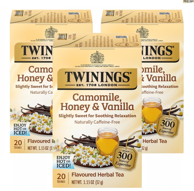 트와이닝 허브차 캐모마일 꿀 & 바닐라 카페인 무함유 개별 포장 티백, 1.6g, 20개입, 3개