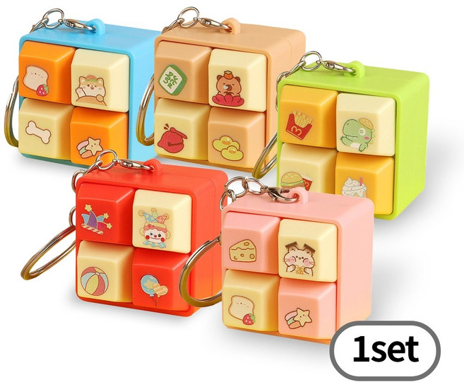 키캡 키보드 4구 캐릭터 키링 딸깍이 피젯토이 열쇠고리, 1세트, 레드+핑크+브라운+그린+블루