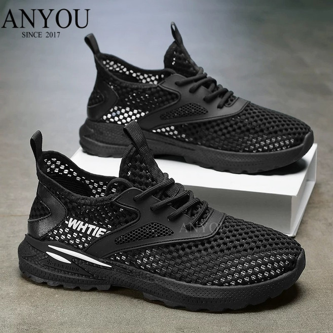 ANYOU 남성 신발 여름 펀칭 그물 얇은 디자인 편안하고 통기 미끄럼 방지 스포츠 소프트 베이스 남성 그물코 캐주얼 신발