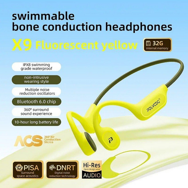 POLVCDG X9 골전도이어폰 수영이어버드 블루투스 32G, CHINA, fluorescent-32G
