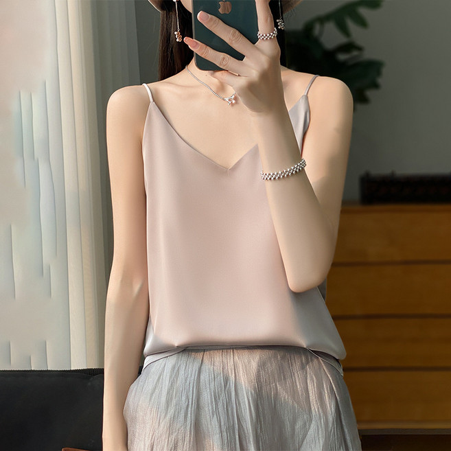 DFMEI 吊帶V領仿真絲吊帶背心女夏無袖背心絲綢緞面背心內搭女上衣, XL