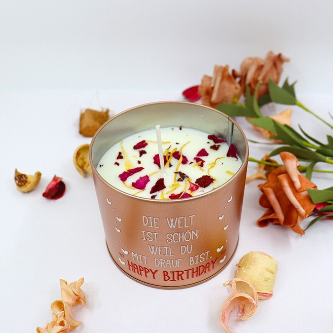 馬口鐵香氛大豆蠟伴手禮罐香薰蠟燭乾花家居高級香薰蠟燭擺件, 檀香:玫瑰金鐵罐香薰蠟燭(有乾花)