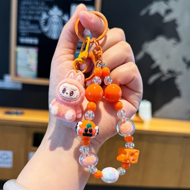 JONNEIC 조네익 라부부 Labubu 테이스티 마카롱 페이스 인형 컬러비즈 핸드폰 스트랩 열쇠고리, 1개, 오렌지