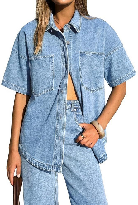 EMMIOL Button Down Shirts for Women - Short Sleeve Oversized Denim Shirts Business Casual Work Jea